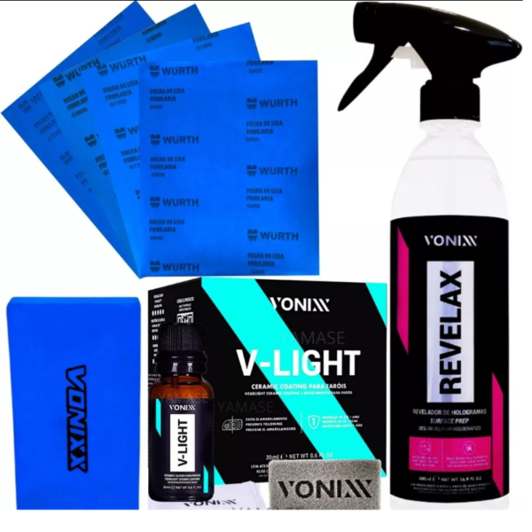 Kit Polimento Farol Revelax Lixa Vitrificador V-light Vonixx